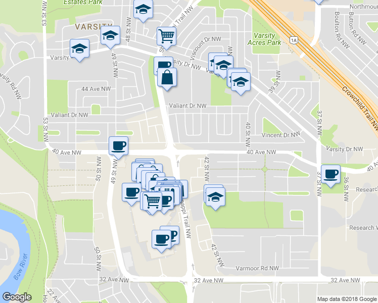 map of restaurants, bars, coffee shops, grocery stores, and more near 40 Avenue Northwest in Calgary