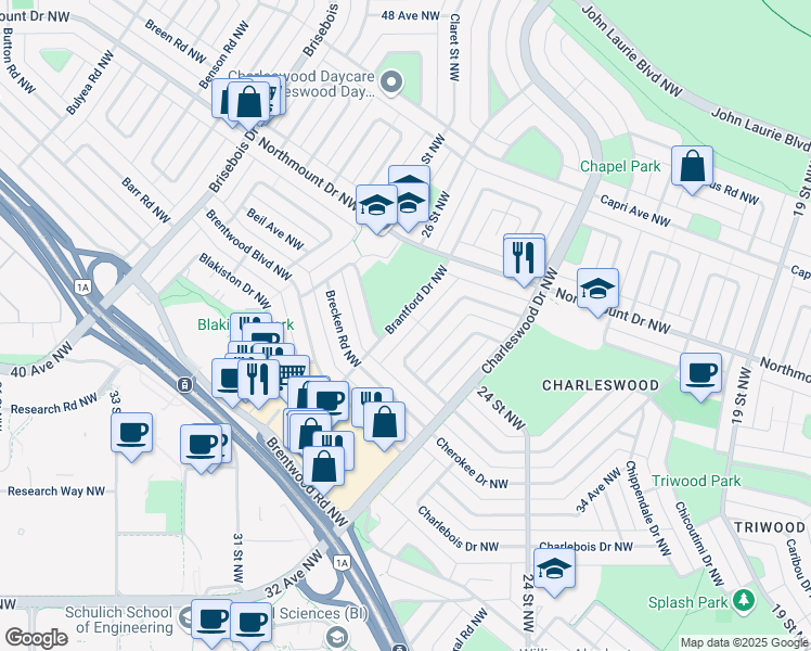 map of restaurants, bars, coffee shops, grocery stores, and more near 3832 Brantford Drive Northwest in Calgary