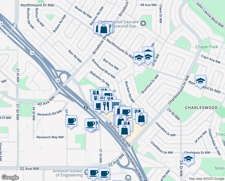 map of restaurants, bars, coffee shops, grocery stores, and more near 2924 Blakiston Drive Northwest in Calgary