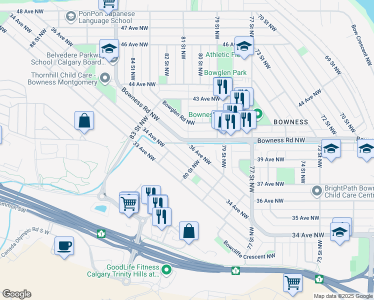 map of restaurants, bars, coffee shops, grocery stores, and more near 8123 36 Avenue Northwest in Calgary