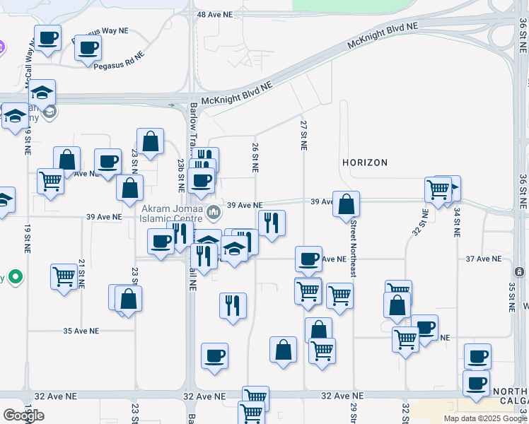 map of restaurants, bars, coffee shops, grocery stores, and more near 2711 39 Avenue Northeast in Calgary