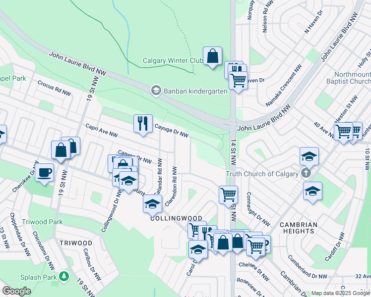 map of restaurants, bars, coffee shops, grocery stores, and more near 4031 Comanche Road Northwest in Calgary