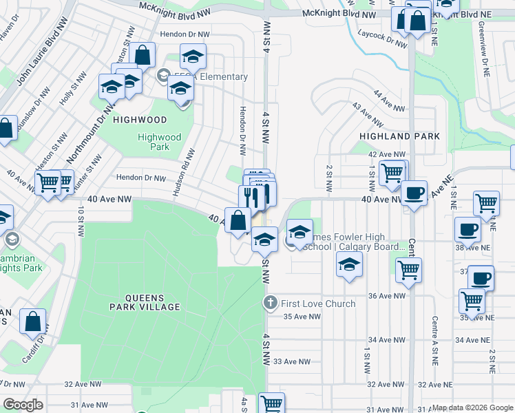map of restaurants, bars, coffee shops, grocery stores, and more near 4127 4 Street Northwest in Calgary