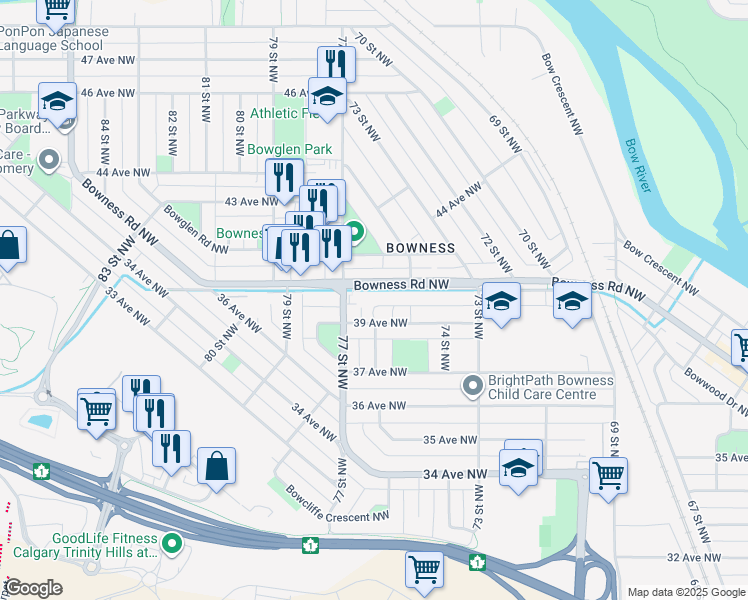 map of restaurants, bars, coffee shops, grocery stores, and more near 7727 Bowness Road Northwest in Calgary