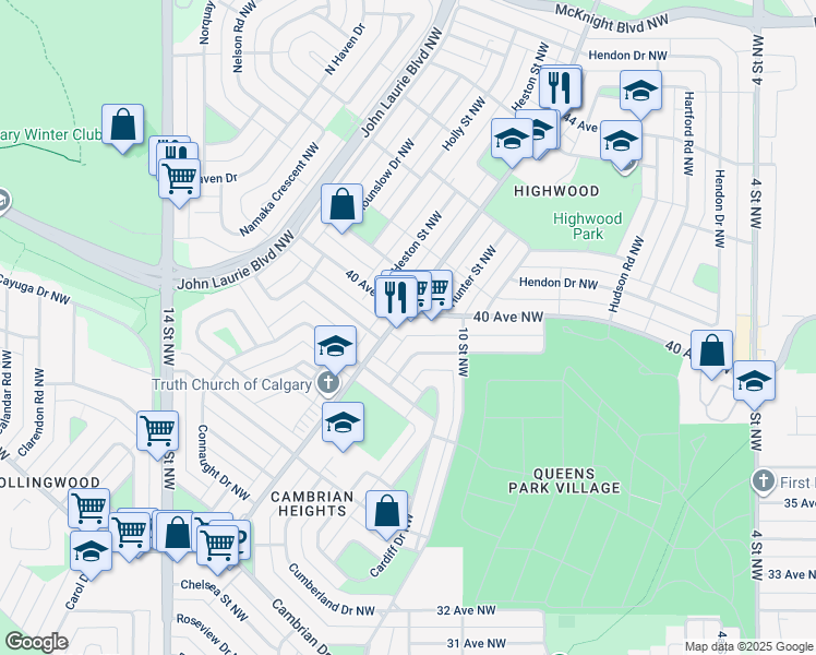 map of restaurants, bars, coffee shops, grocery stores, and more near 1051 40 Avenue Northwest in Calgary