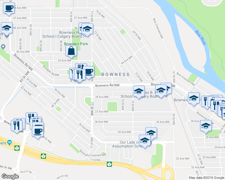 map of restaurants, bars, coffee shops, grocery stores, and more near 7575 Bowness Road Northwest in Calgary
