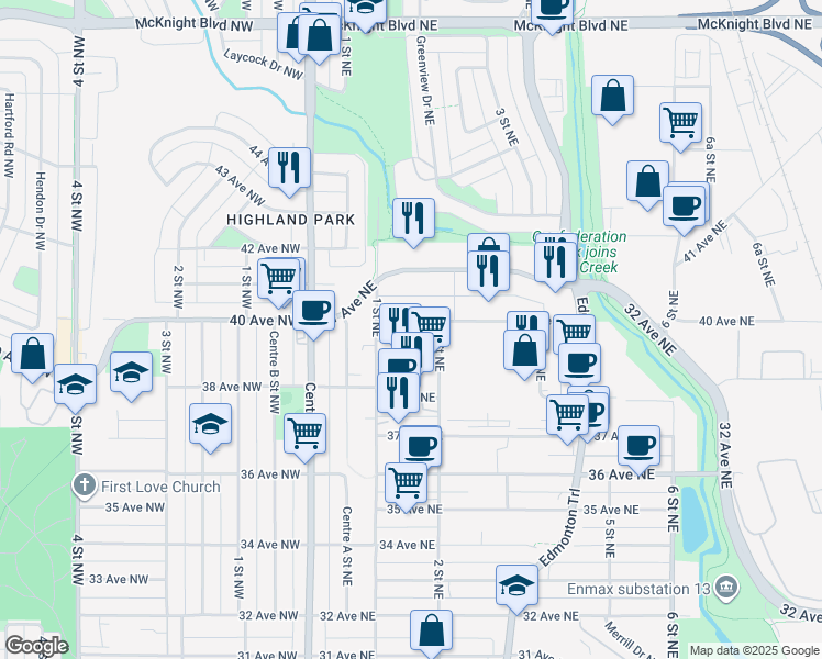 map of restaurants, bars, coffee shops, grocery stores, and more near 219 40 Avenue Northeast in Calgary