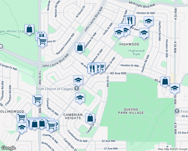 map of restaurants, bars, coffee shops, grocery stores, and more near 1051 40 Avenue Northwest in Calgary