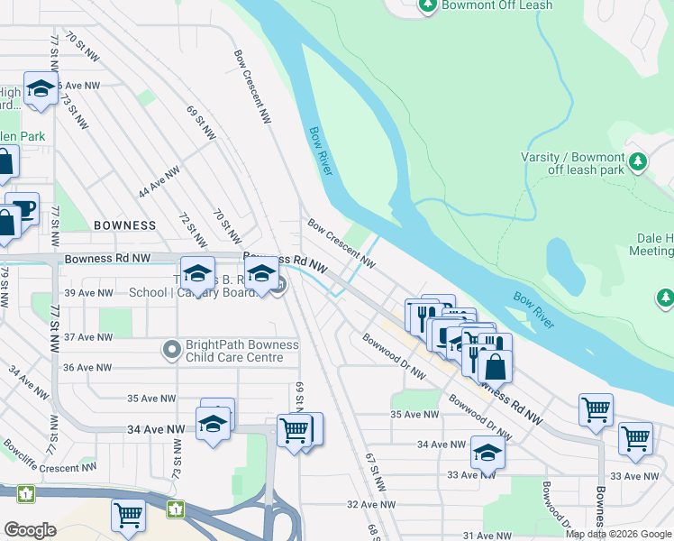 map of restaurants, bars, coffee shops, grocery stores, and more near 6704 Bowness Road Northwest in Calgary