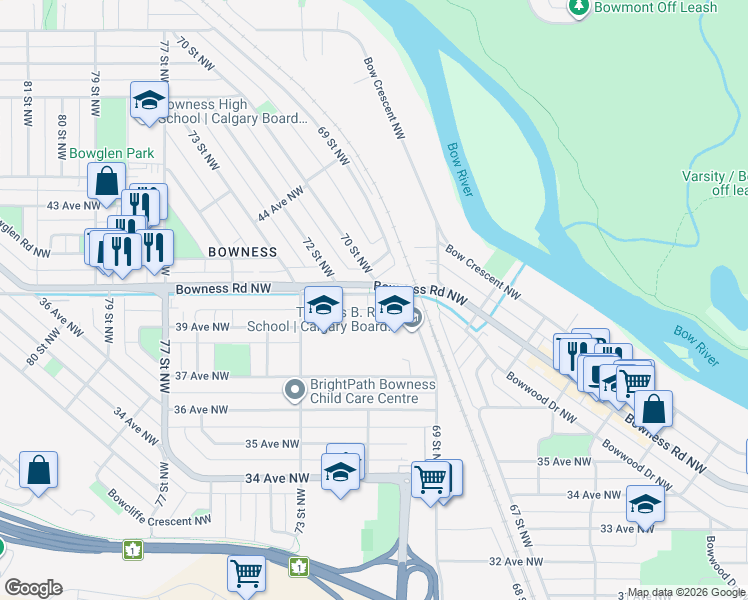 map of restaurants, bars, coffee shops, grocery stores, and more near 7247 Bowness Road Northwest in Calgary