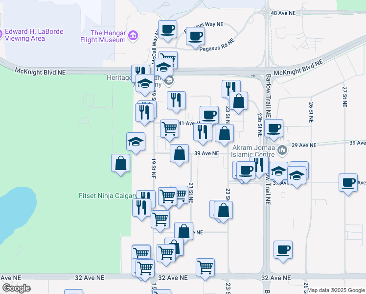 map of restaurants, bars, coffee shops, grocery stores, and more near 2140 39 Avenue Northeast in Calgary
