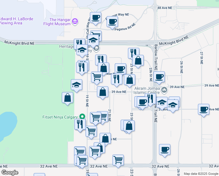 map of restaurants, bars, coffee shops, grocery stores, and more near 2140 39 Avenue Northeast in Calgary