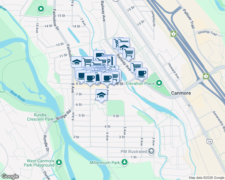map of restaurants, bars, coffee shops, grocery stores, and more near 630 7 Street in Canmore
