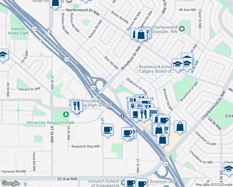 map of restaurants, bars, coffee shops, grocery stores, and more near 4122R Brentwood Road Northwest in Calgary