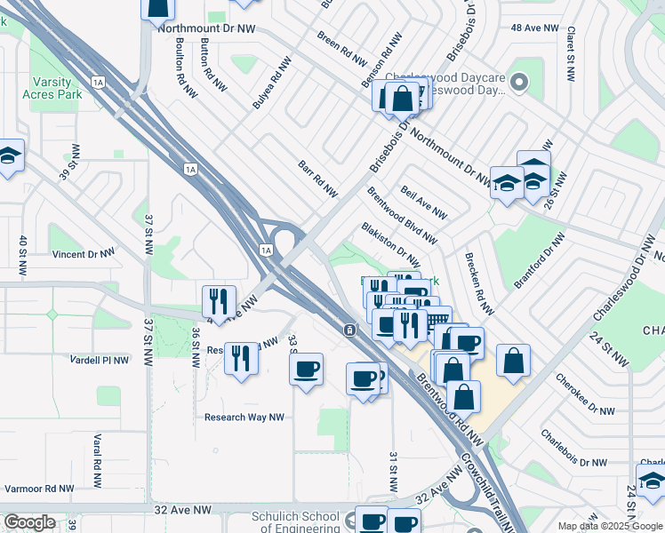 map of restaurants, bars, coffee shops, grocery stores, and more near 4122R Brentwood Road Northwest in Calgary