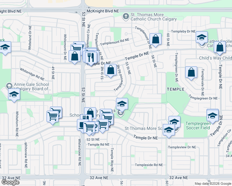 map of restaurants, bars, coffee shops, grocery stores, and more near 4003 55 Street Northeast in Calgary