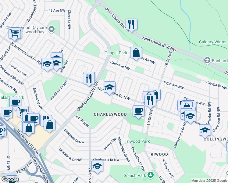 map of restaurants, bars, coffee shops, grocery stores, and more near 1102 Northmount Drive Northwest in Calgary
