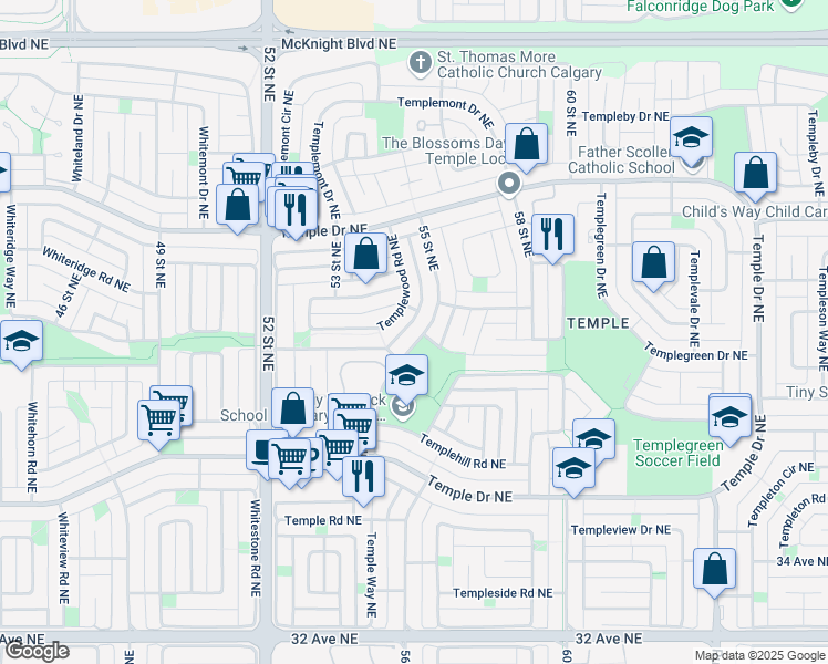 map of restaurants, bars, coffee shops, grocery stores, and more near 4023 55 Street Northeast in Calgary