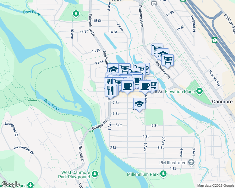 map of restaurants, bars, coffee shops, grocery stores, and more near 821 8 Street in Canmore