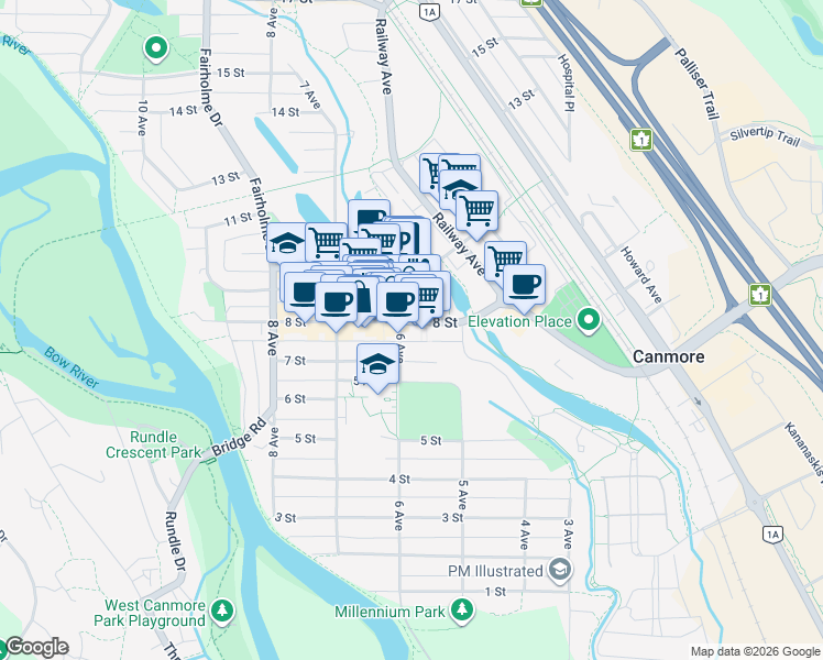 map of restaurants, bars, coffee shops, grocery stores, and more near 630 7 Street in Canmore