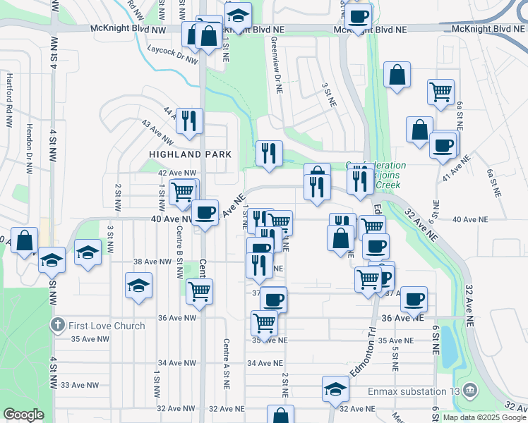 map of restaurants, bars, coffee shops, grocery stores, and more near 219 40 Avenue Northeast in Calgary
