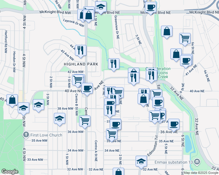 map of restaurants, bars, coffee shops, grocery stores, and more near 219 40 Avenue Northeast in Calgary