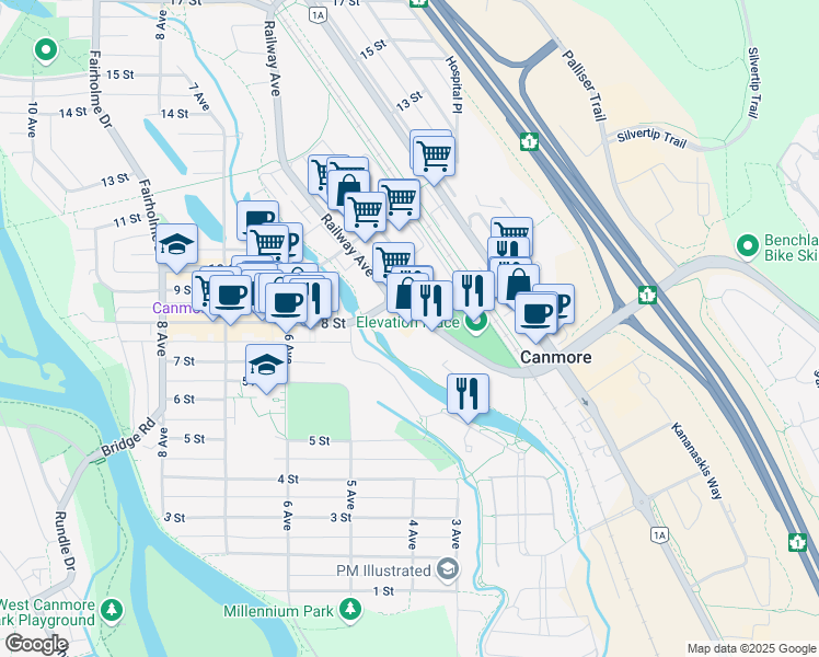 map of restaurants, bars, coffee shops, grocery stores, and more near 743 Railway Avenue in Canmore
