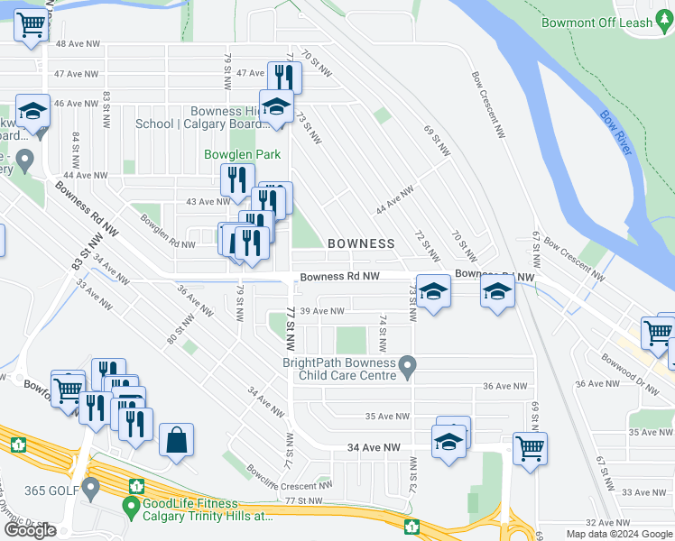 map of restaurants, bars, coffee shops, grocery stores, and more near 7575 Bowness Road Northwest in Calgary