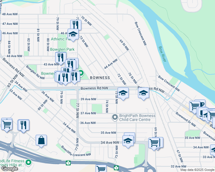 map of restaurants, bars, coffee shops, grocery stores, and more near 7512 Bowness Road Northwest in Calgary