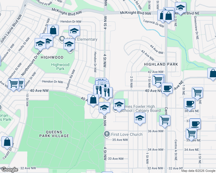 map of restaurants, bars, coffee shops, grocery stores, and more near in Calgary