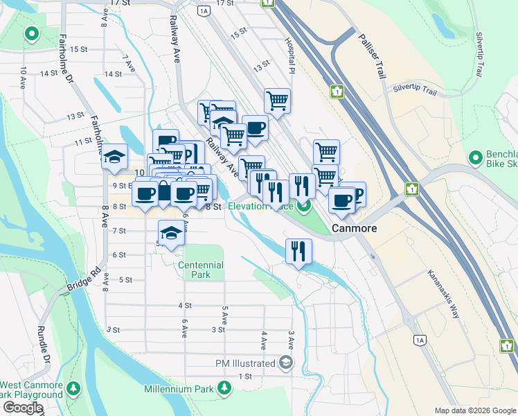 map of restaurants, bars, coffee shops, grocery stores, and more near 743 Railway Avenue in Canmore