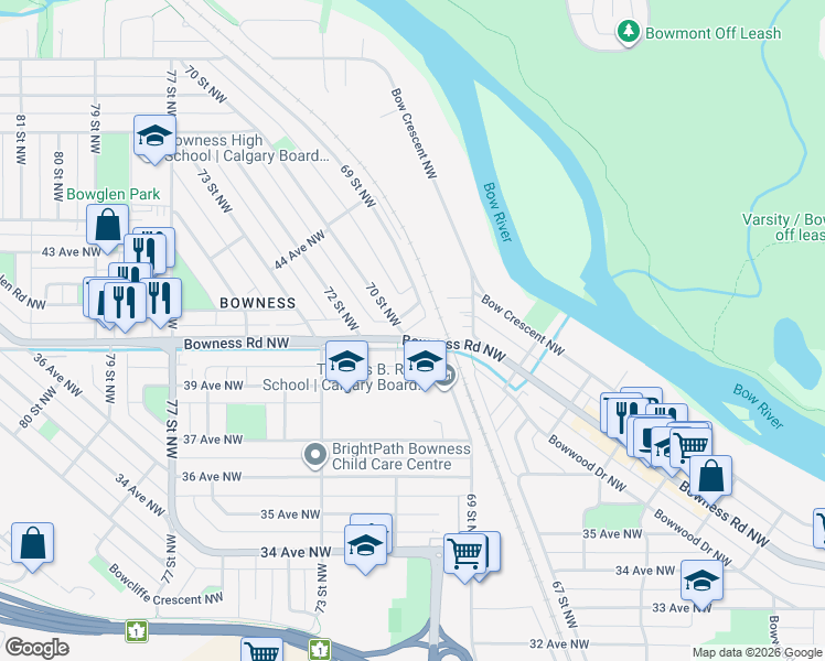 map of restaurants, bars, coffee shops, grocery stores, and more near 7247 Bowness Road Northwest in Calgary