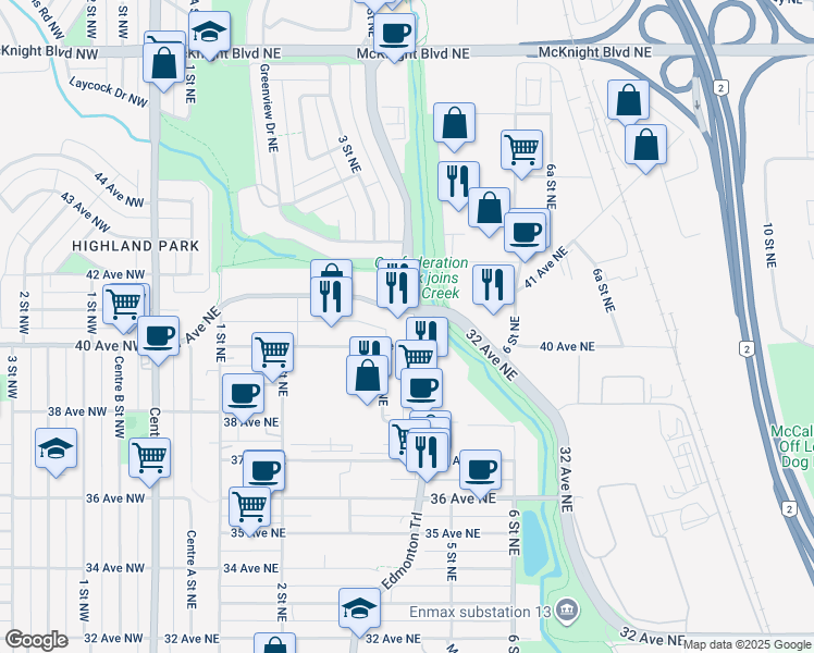map of restaurants, bars, coffee shops, grocery stores, and more near 3927 Edmonton Trail in Calgary