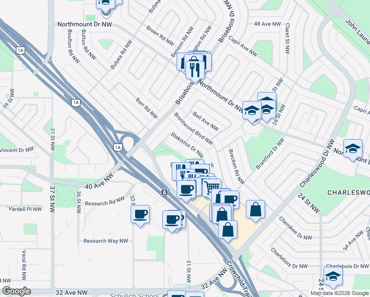 map of restaurants, bars, coffee shops, grocery stores, and more near 3023 Blakiston Drive Northwest in Calgary