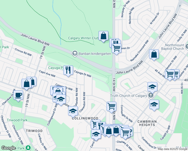 map of restaurants, bars, coffee shops, grocery stores, and more near 1704 Cayuga Drive Northwest in Calgary