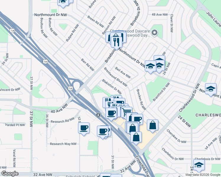 map of restaurants, bars, coffee shops, grocery stores, and more near in Calgary
