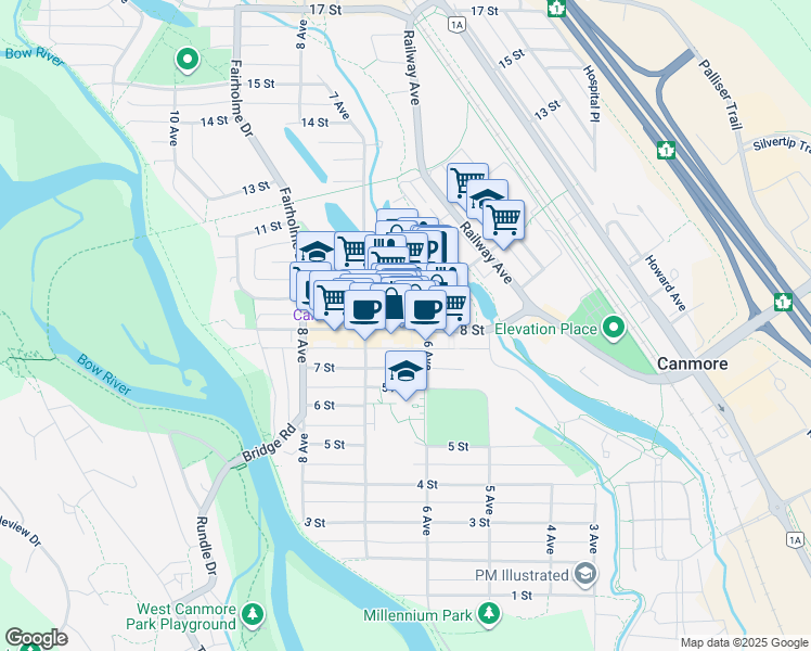 map of restaurants, bars, coffee shops, grocery stores, and more near 712B 8 Street in Canmore