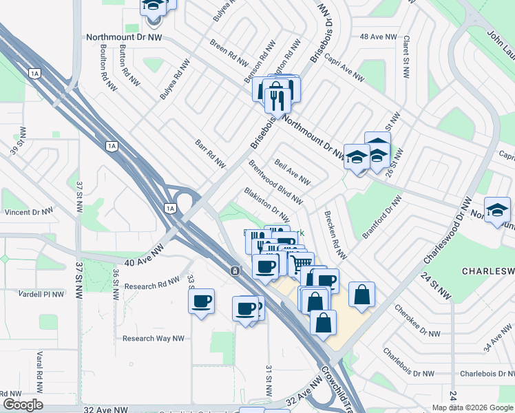 map of restaurants, bars, coffee shops, grocery stores, and more near 3027 Blakiston Drive Northwest in Calgary