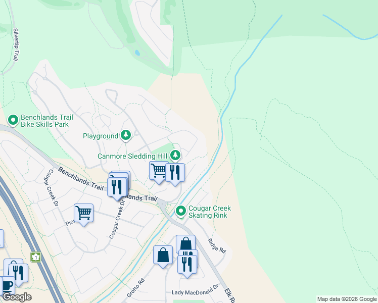 map of restaurants, bars, coffee shops, grocery stores, and more near 12 Eagle Terrace Road in Canmore