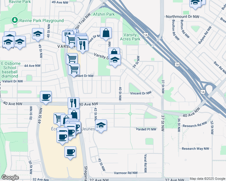 map of restaurants, bars, coffee shops, grocery stores, and more near 4231 Vauxhall Crescent Northwest in Calgary