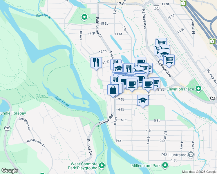map of restaurants, bars, coffee shops, grocery stores, and more near in Canmore