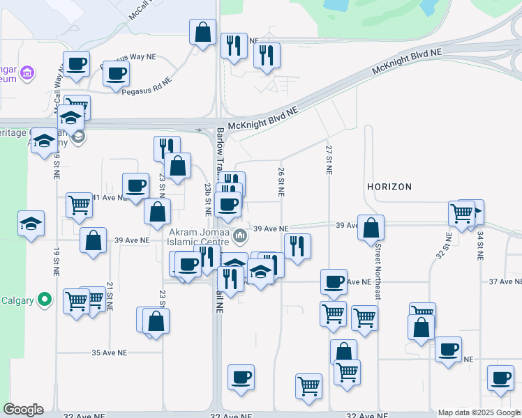 map of restaurants, bars, coffee shops, grocery stores, and more near 2622 39 Avenue Northeast in Calgary