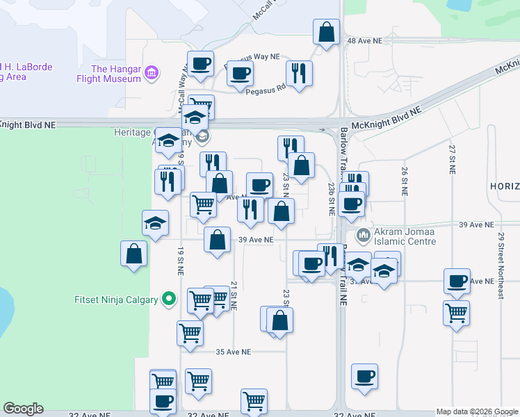 map of restaurants, bars, coffee shops, grocery stores, and more near 13 41 Avenue Northeast in Calgary