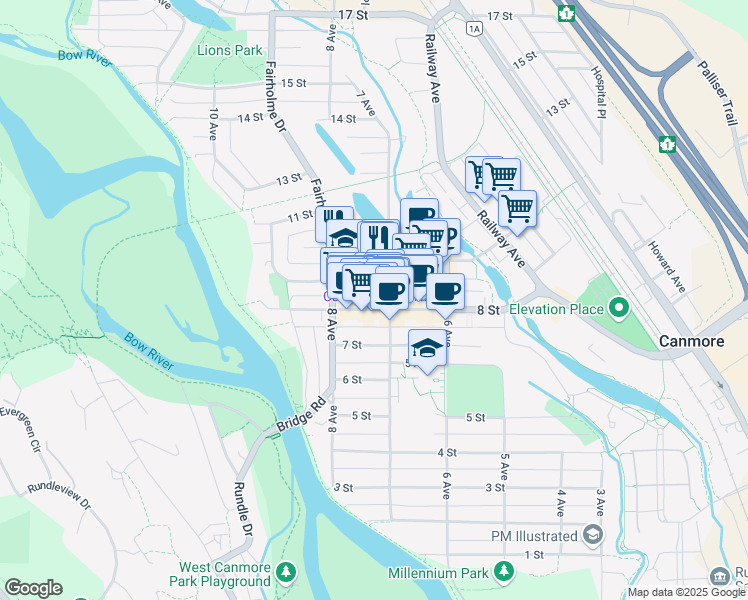 map of restaurants, bars, coffee shops, grocery stores, and more near 810 8 Street in Canmore