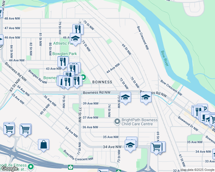 map of restaurants, bars, coffee shops, grocery stores, and more near in Calgary