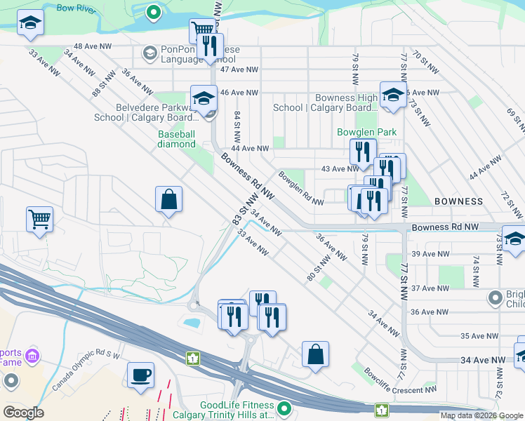 map of restaurants, bars, coffee shops, grocery stores, and more near 8328 34 Avenue Northwest in Calgary