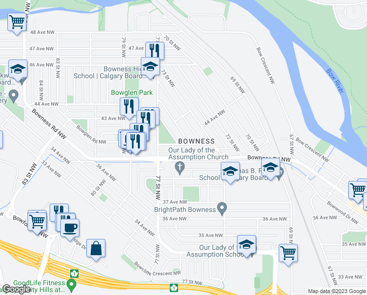 map of restaurants, bars, coffee shops, grocery stores, and more near 7705 41 Avenue Northwest in Calgary