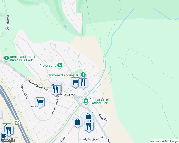 map of restaurants, bars, coffee shops, grocery stores, and more near 12 Eagle Terrace Road in Canmore