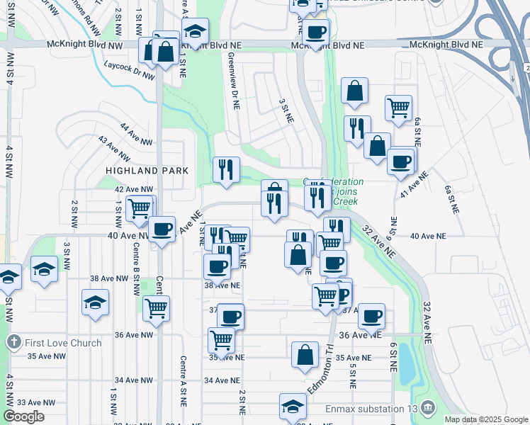map of restaurants, bars, coffee shops, grocery stores, and more near 337 41 Avenue Northeast in Calgary
