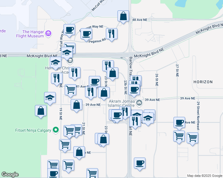 map of restaurants, bars, coffee shops, grocery stores, and more near 4154 23 Street Northeast in Calgary